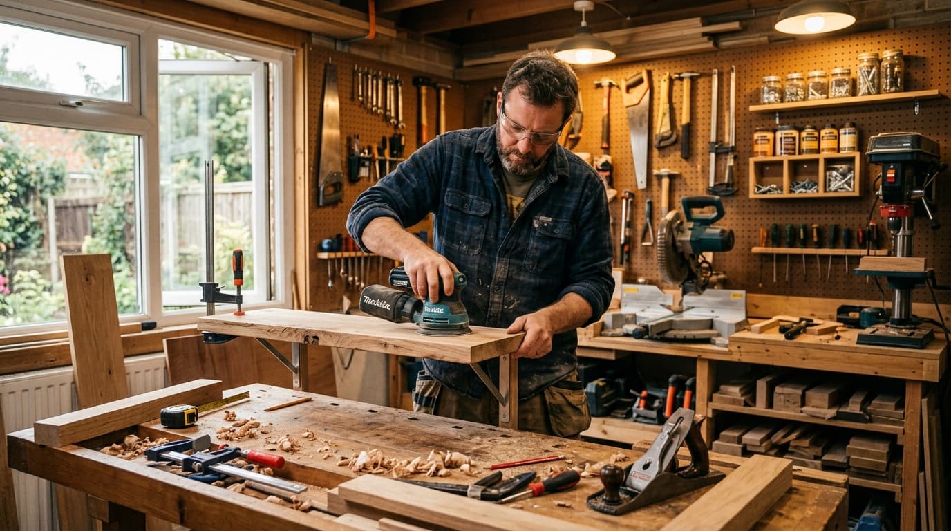 Beginnende houtbewerker met planken en handgereedschap