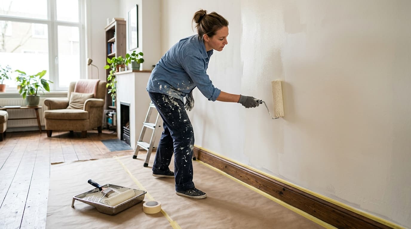 Doe-het-zelver verft een binnenmuur met roller op een zorgvuldig afgedekte vloer
