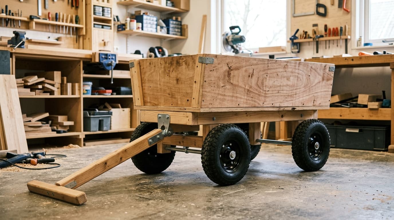Zelfgebouwde houten bolderkar met laadbak, trekstang en vier luchtbanden in een werkplaats